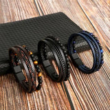 Tiger Eye Beaded Leather Bracelet for Men