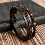 Tiger Eye Beaded Leather Bracelet for Men