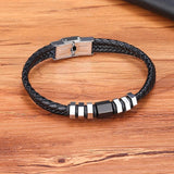 Geometric Double Layers Braid Leather Bracelet Stainless Steel Buckle Charm