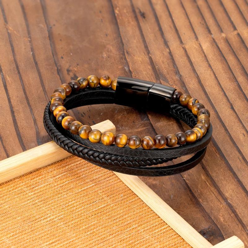 Vintage Braided Wrap Leather Bracelet with Tiger Eye Beads