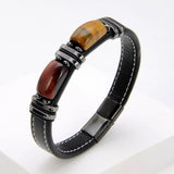 Leather Men's Bracelet Stainless Steel Geometric Tiger Eye Bead Bangle