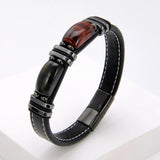 Leather Men's Bracelet Stainless Steel Geometric Tiger Eye Bead Bangle