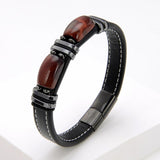 Leather Men's Bracelet Stainless Steel Geometric Tiger Eye Bead Bangle