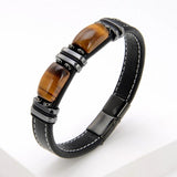 Leather Men's Bracelet Stainless Steel Geometric Tiger Eye Bead Bangle
