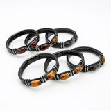 Leather Men's Bracelet Stainless Steel Geometric Tiger Eye Bead Bangle