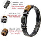 Leather Men's Bracelet Stainless Steel Geometric Tiger Eye Bead Bangle