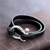 Stainless Steel Shackle Buckle Leather Survival Bracelet Men
