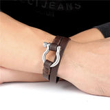 Stainless Steel Shackle Buckle Leather Survival Bracelet Men