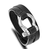 Stainless Steel Shackle Buckle Leather Survival Bracelet Men