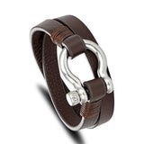 Stainless Steel Shackle Buckle Leather Survival Bracelet Men
