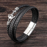 Stainless Steel Anchor Bracelet Men Cowhide Leather Rope Wrap Punk Charm