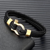 Woven Leather Rope Wrap Steel Shackle Bracelet