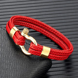 Woven Leather Rope Wrap Steel Shackle Bracelet