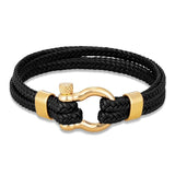 Woven Leather Rope Wrap Steel Shackle Bracelet