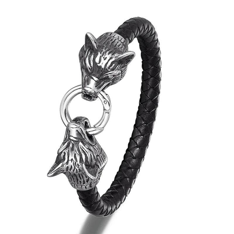 Vikings Double Wolf Head Leather Rope Bracelets Men