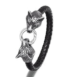 Vikings Double Wolf Head Leather Rope Bracelets Men