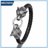 Vikings Double Wolf Head Leather Rope Bracelets Men