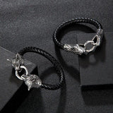 Vikings Double Wolf Head Leather Rope Bracelets Men