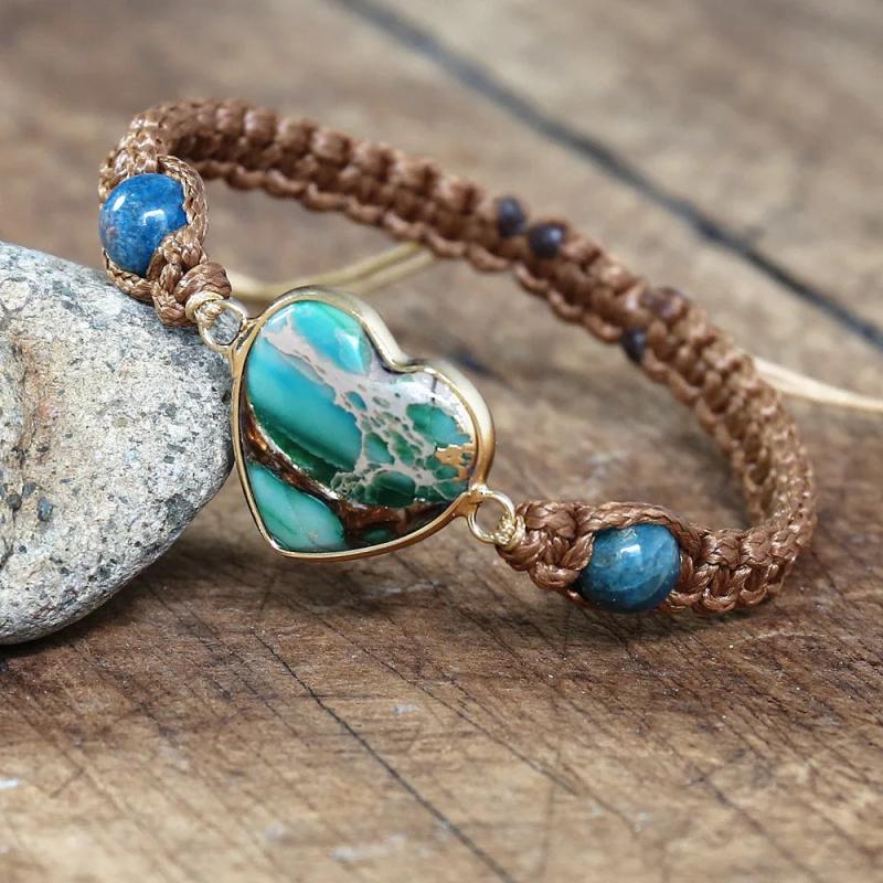 Apatite Heart Shape Charm Bracelet Macrame Bangle Wrap Jewelry