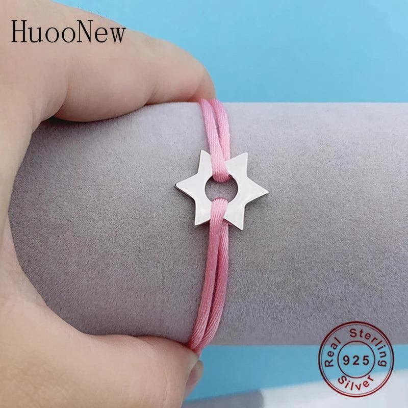 Silver Star Buckle Ribbon Lace Up Rope Chain Adjustable Size Bracelet