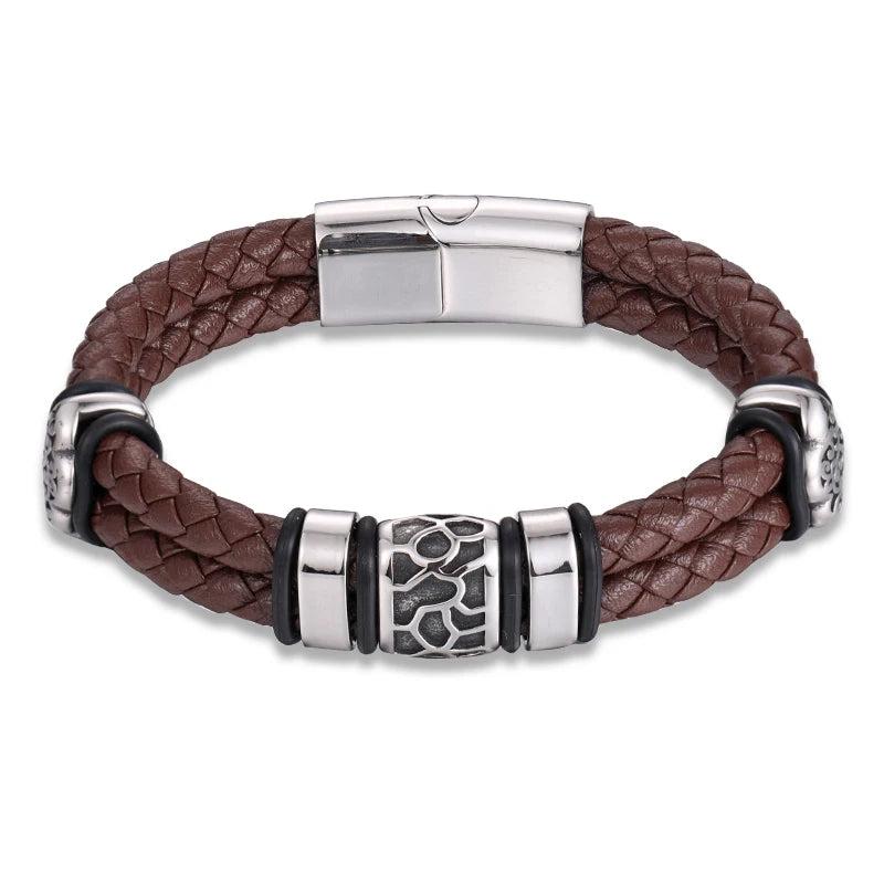 TeHao Punk316l Stainless Steel Cracked Bead Bracelet Braided Leather
