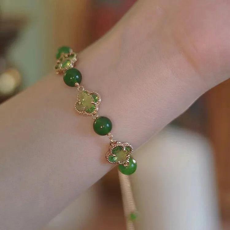 Lucky Leaf Women's Natural Hetian Jade Rosary Beads Bracelet