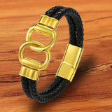 Double Layers Braided Leather Men Bracelet Stainless Steel Magnet Buckle