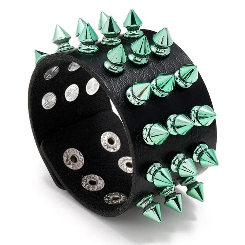 Gothic Spikes Rivet Wide Bracelet Green Stud Charm Leather Bangle