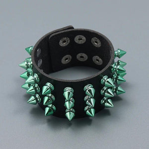 Gothic Spikes Rivet Wide Bracelet Green Stud Charm Leather Bangle
