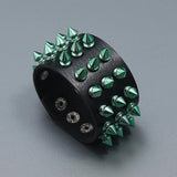 Gothic Spikes Rivet Wide Bracelet Green Stud Charm Leather Bangle