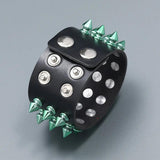 Gothic Spikes Rivet Wide Bracelet Green Stud Charm Leather Bangle
