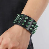 Gothic Spikes Rivet Wide Bracelet Green Stud Charm Leather Bangle