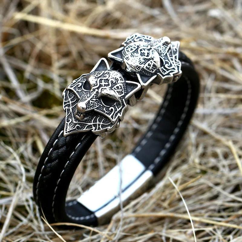 Men's Leather Wolf Bracelet Bangle Jewelry