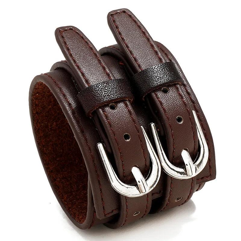 Retro Leather Bracelet Rock Punk Wide Double Layer Male Bracelet