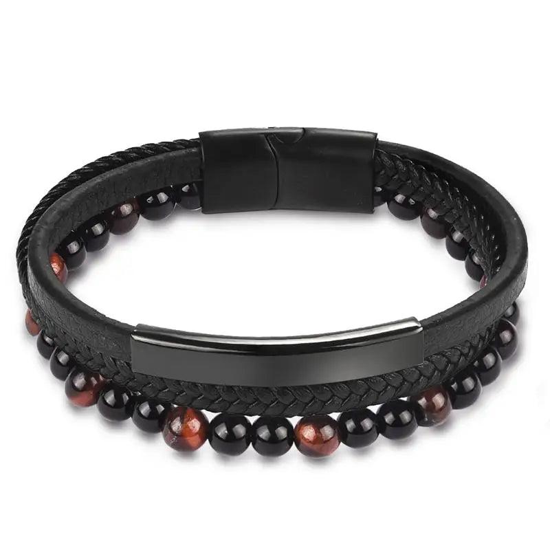 Men's Tiger Eye Beaded Leather Bracelet Gift
