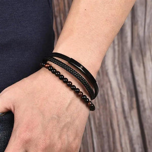 Men's Tiger Eye Beaded Leather Bracelet Gift
