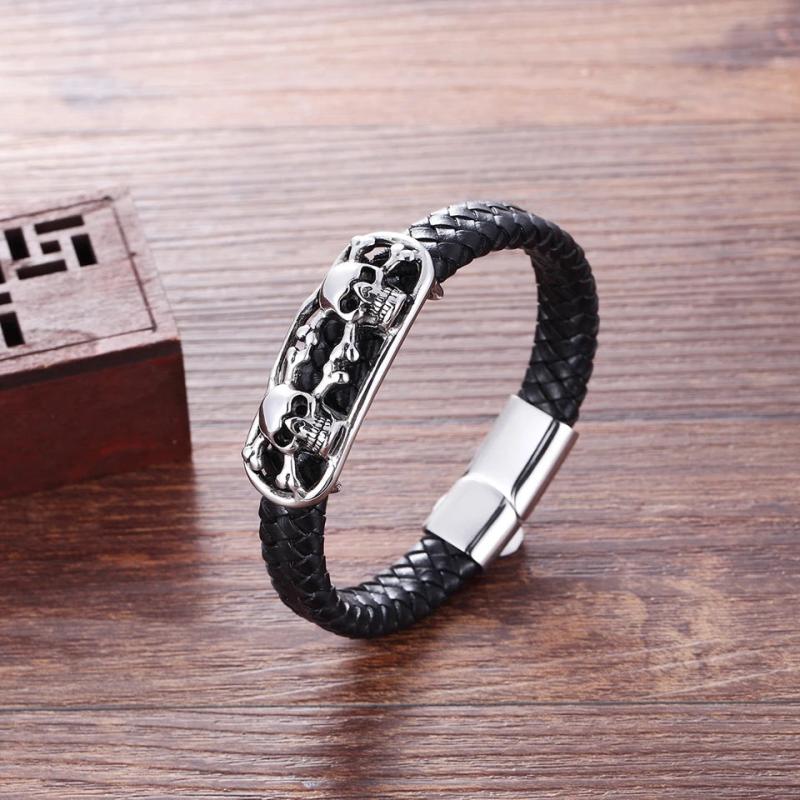 BOBASI Double Skeleton Leather Men's Bracelet Stainless Steel Punk Wristband