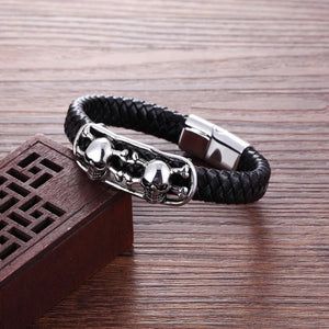 BOBASI Double Skeleton Leather Men's Bracelet Stainless Steel Punk Wristband