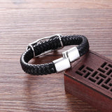 BOBASI Double Skeleton Leather Men's Bracelet Stainless Steel Punk Wristband