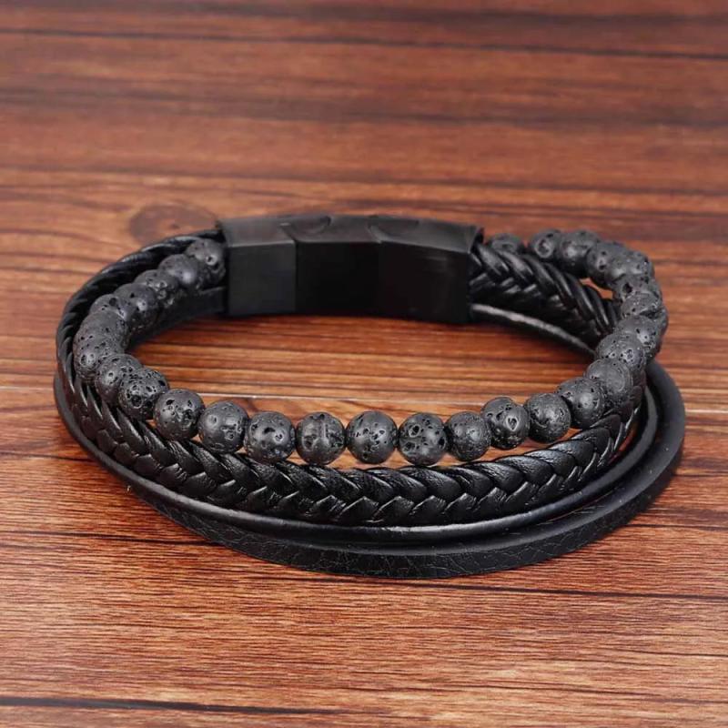 Men's Beaded Leather Bracelet Natural Stone Beads Stainless Steel Magnetic Clasp