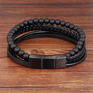 Men's Beaded Leather Bracelet Natural Stone Beads Stainless Steel Magnetic Clasp