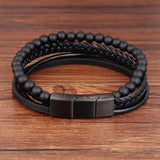 Men's Beaded Leather Bracelet Natural Stone Beads Stainless Steel Magnetic Clasp