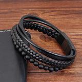 Men's Beaded Leather Bracelet Natural Stone Beads Stainless Steel Magnetic Clasp