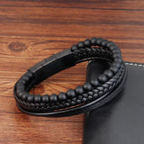 Men's Beaded Leather Bracelet Natural Stone Beads Stainless Steel Magnetic Clasp