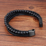 Men's Beaded Leather Bracelet Natural Stone Beads Stainless Steel Magnetic Clasp