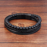 Men's Beaded Leather Bracelet Natural Stone Beads Stainless Steel Magnetic Clasp