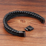 Men's Beaded Leather Bracelet Natural Stone Beads Stainless Steel Magnetic Clasp