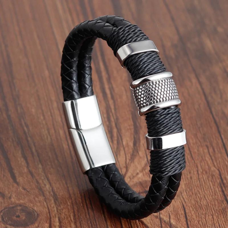 Men Leather Bracelet Stainless Steel Magnetic Clasps Braided Rope Wristband