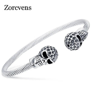 Antique Silver Punk Skull Stainless Steel Bracelet Gothic Open Bangle