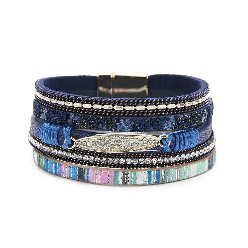 Louleur Crystal Multilayer Bracelets for Women Tone Magnet Bohemian Leather